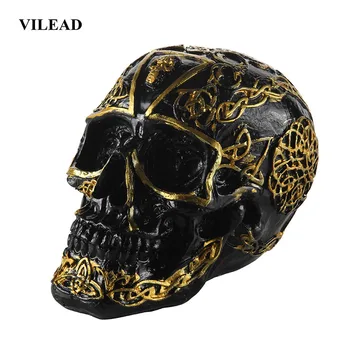 

VILEAD Resin Craft Black Animal Skull Resin Ornament Golden Carving Halloween Party Decoration Coffee Bar Tabletop Sculpture