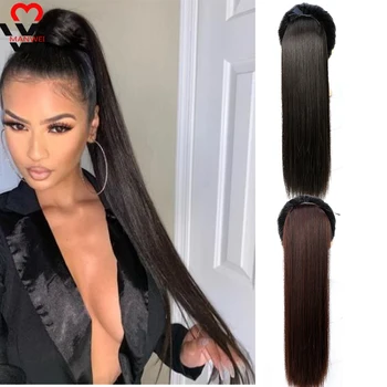 

MANWEI brown Super Long Straight Clip In Tail Ponytail Hairpiece With Hairpins Synthetic Pony Tail Extensions High Temperature