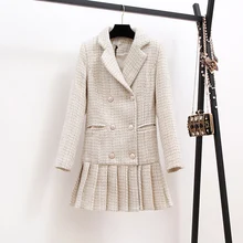 Женская модная твидовая двубортная длинная куртка, Осень-зима, женская верхняя одежда с длинным рукавом и зубчатым воротником