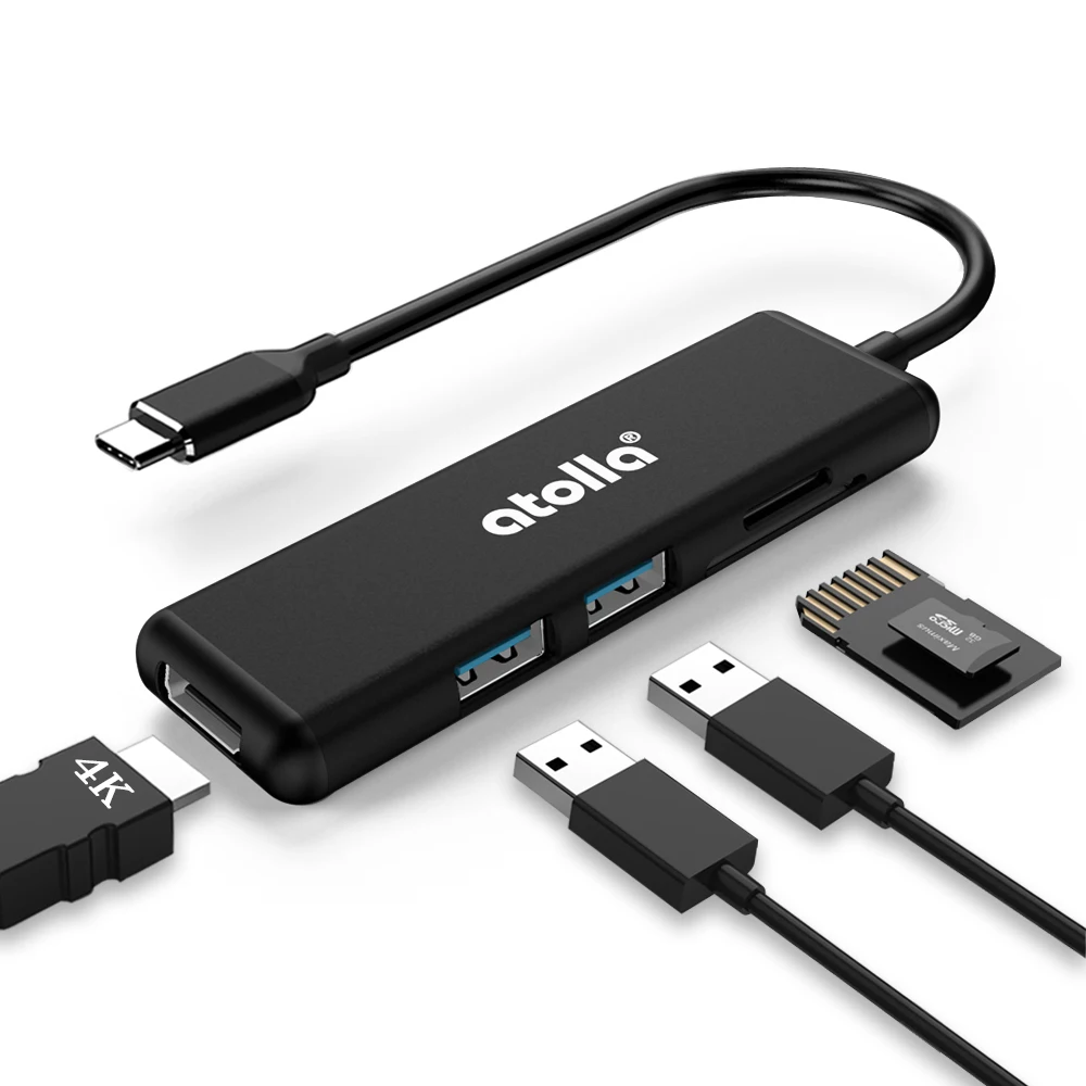 

atolla USB C hub, Type c to HDMI Adapter 5-port Ultra Slim Aluminum USB 3.0 hub with 1x4K HDMI port, 2xUSB 3.0 ports, 1xSD Slot