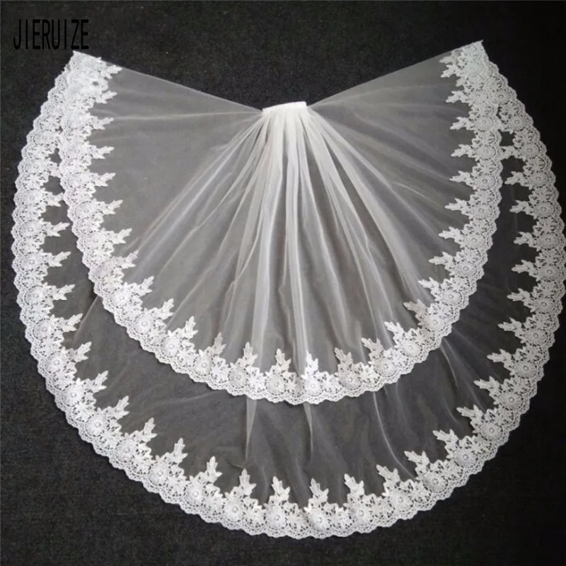 JIERUIZE Fashion Appliqued Bridal Veil Tulle Two Layer Wedding Veil With Comb Lace Edge Wedding Accessories