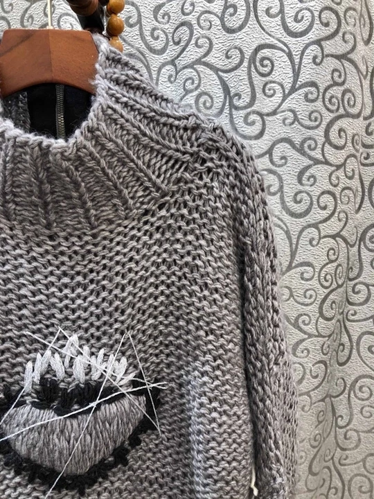 autumn Early new women's high collar, chest embroidery, knitting decoration, long sleeve loose sweater, knitwear 1010