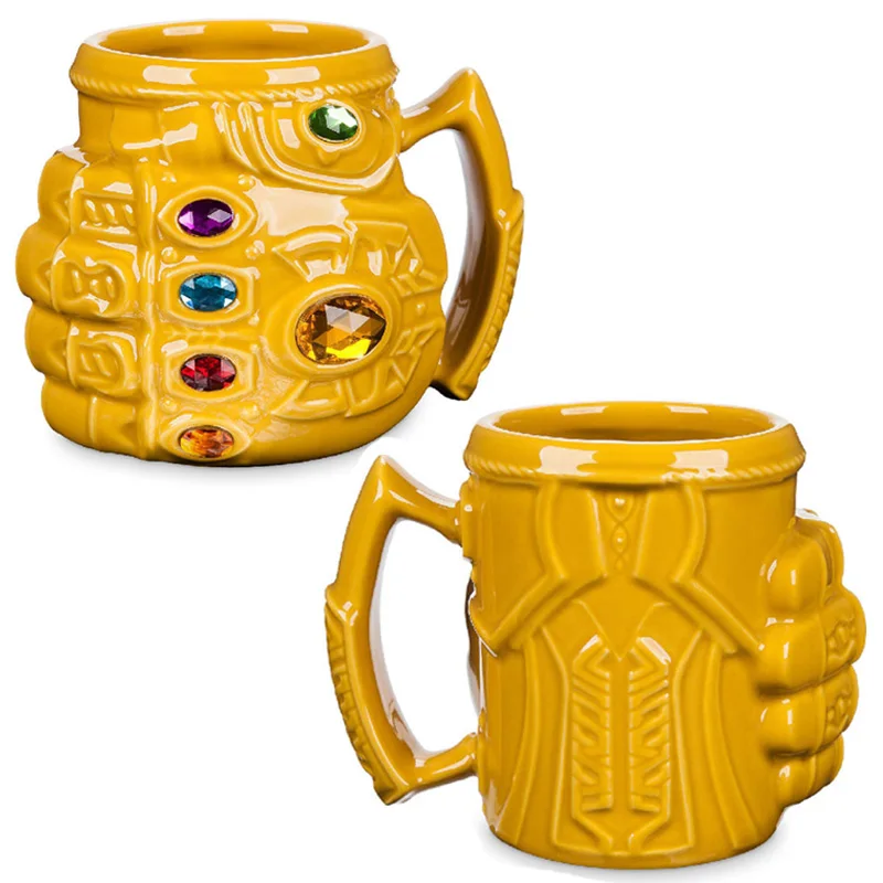 

New Marvel Thanos Gloves Fist Coffee Mugs Anime Cups And Mugs Cool Plastic Infinity Gem Mark Cartoon Drinkware Best Gift For Kid