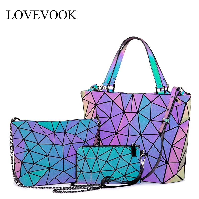 

Lovevook bag set women handbag luxury designer folding crossbody shoulder bag female purse and ladies geometric luminous bag