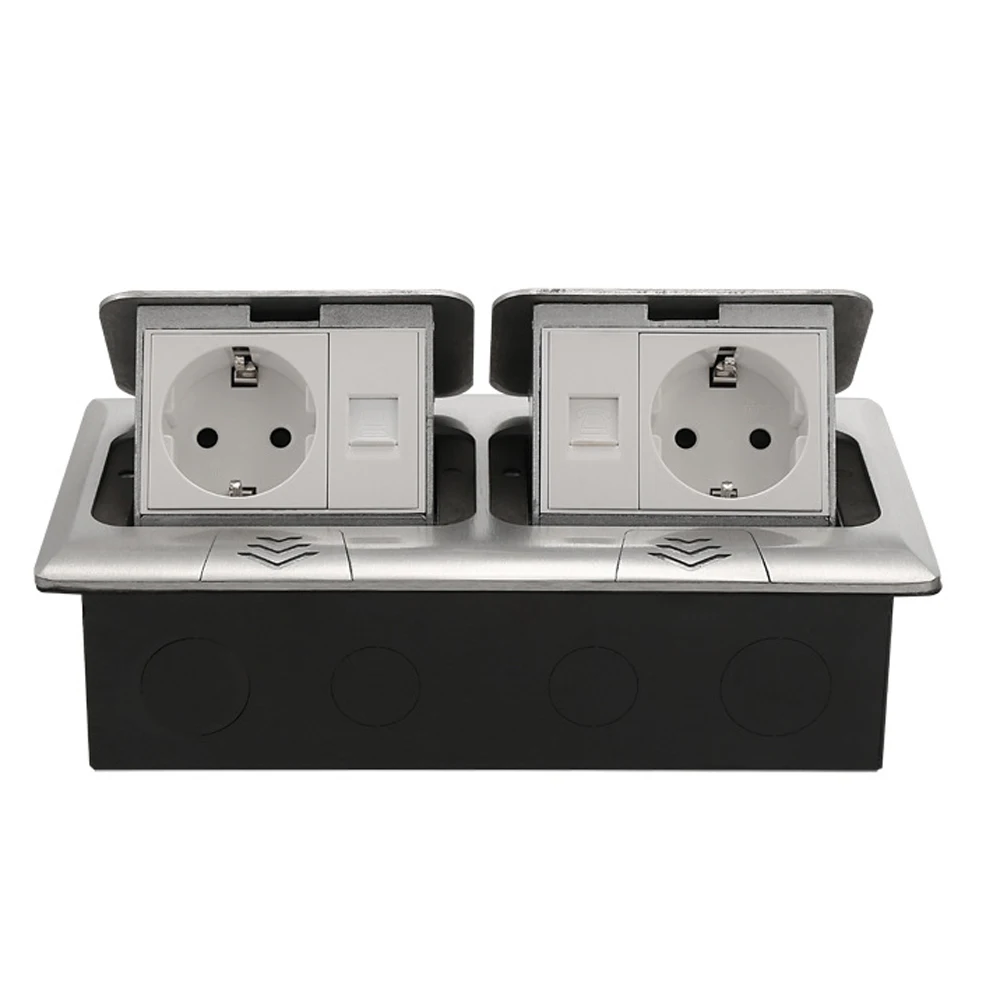 

16A Aluminum Cropper Panel Pop Up Floor Socket 2 Way EU Standard Power Double Outlet With 2.1A USB Phone Port/RJ45 Internet Jack