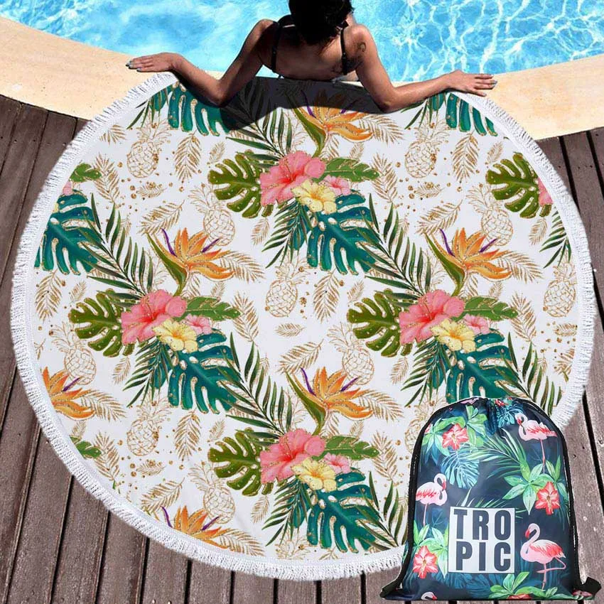 

Leaves Flowers Summer Round Beach Towels Seaside Blanket Bath Sports Towels For Adults With Drawstring Storage Bag Wall Tapestry