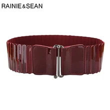 

RAINIE SEAN Red Patent Leather Women Belt Elastic Waist Belt Cowskin Black Wide Belt for Dresses Ladies Stretch Cummerbund
