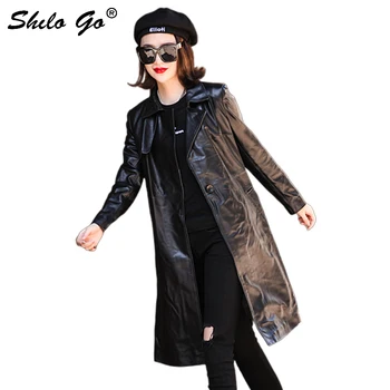 

Genuine Leather Trench Black Elegant Notched Neck Single Button Long Coat Women Autumn Wrop Belted Solid Office Lady Outwear