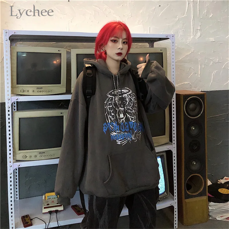 dark grey Lychee Женские флисовые толстовки с капюшоном в стиле Харадзюку с надписью «Angel» на весну, осень и зиму, женские топы, повседневные свободные женские толстовки с карманами - Цвет: dark grey