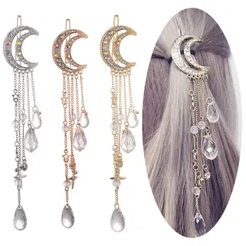 

Retro Crescent Moon Hair Clips Natural Crystal Stone Pendant Precious Women Headwear Tassel Head Clamp Hair Clips