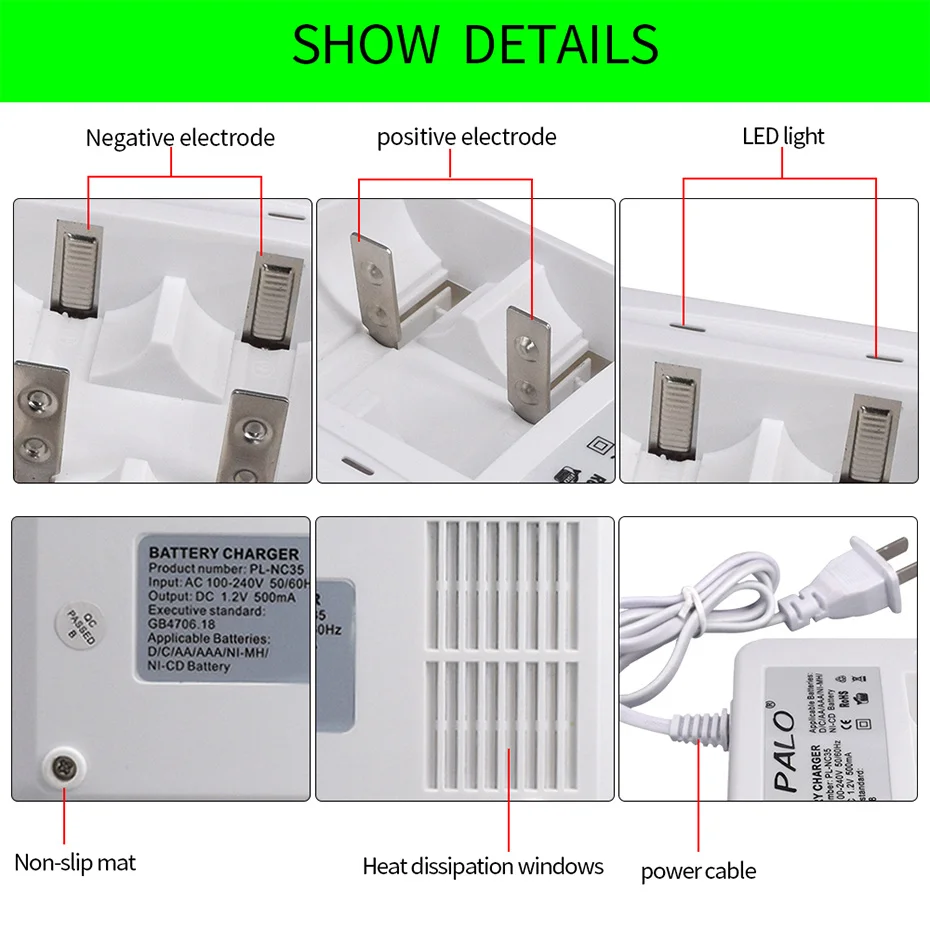 PALO 2 слота AA AAA C D зарядное устройство для 1,2 в Ni-CD Ni-MH AA/AAA/C/D Размер перезаряжаемая батарея быстрая Интеллектуальная Зарядка светодиодный дисплей