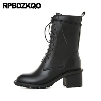 

lace up plus size women ankle boots 2019 round toe combat military shoes 10 winter chunky black high heel big genuine leather
