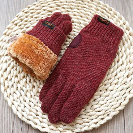 wine red Новые женские перчатки с сенсорным экраном теплые перчатки Модные женские зимние Бархатные толстые теплые шерстяные вязаные перчатки варежки - Цвет: wine red