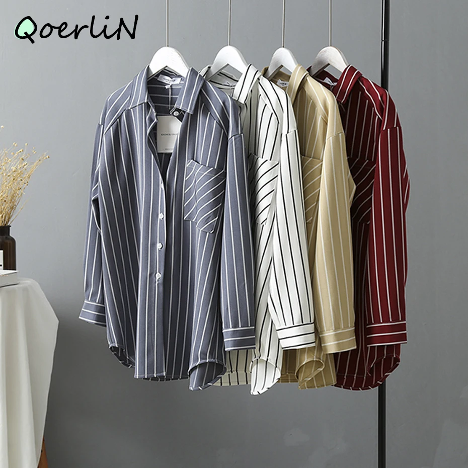 Высококачественная Офисная Женская блузка в полоску рубашка с длинным рукавом