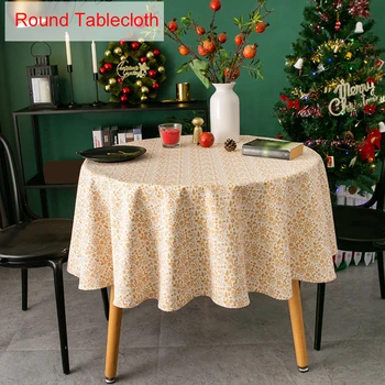 

Stain Resistant Dinning Room Christmas Round Tablecloth Kitchen Cotton Blend Home Decor Bronzing Printed Reusable Easy Clean