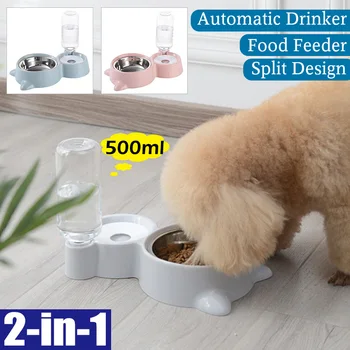 

2-in-1 Pet Stainless Steel Feeding Double Bowls Feeder Automatic Drinker Dog Cat Food Water Dishes With Sink Partition