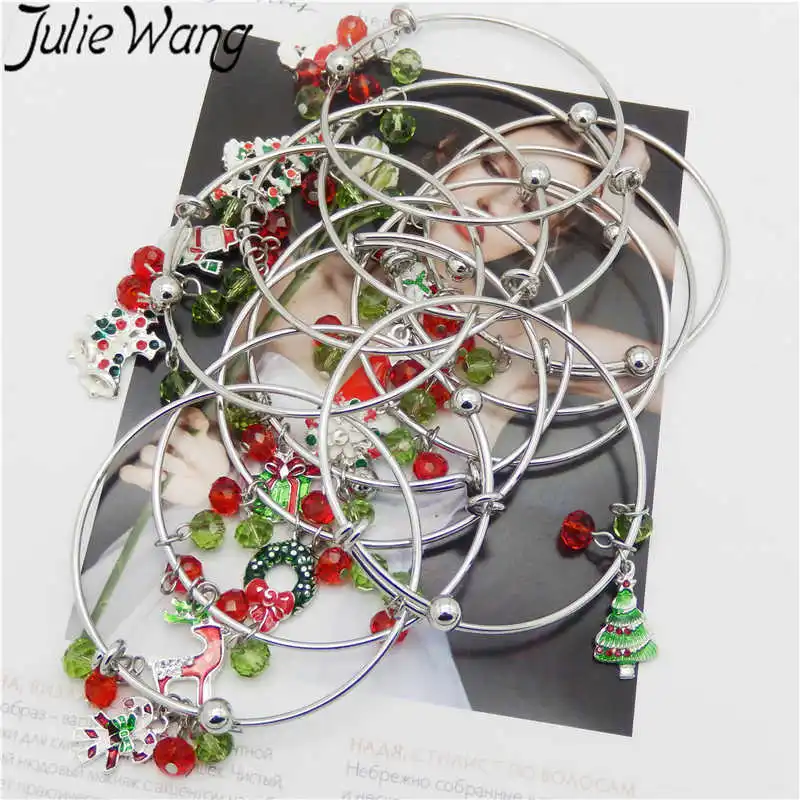 Julie Wang, 4-12 шт., эмалированный браслет с рождественской елкой, Санта Клаусом, женский браслет из нержавеющей стали, модные рождественские ювелирные изделия, Браслеты Mujer