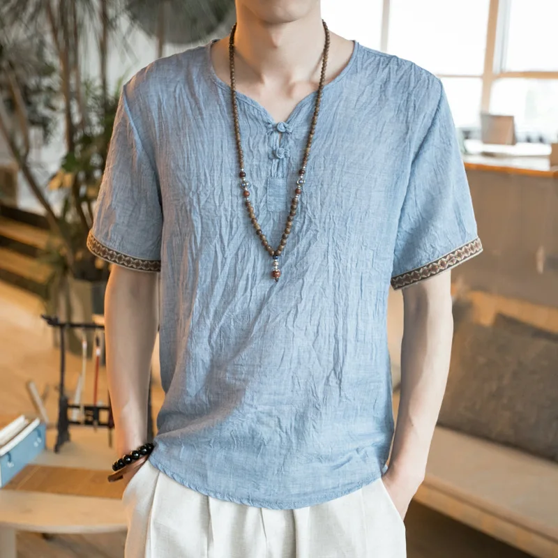 Summer Men Cotton Linen Blouse Short Sleeve T Shirt Chinese Traditional Clothes Male Retro Hanfu Tang Suit Streetwear Tees Tops