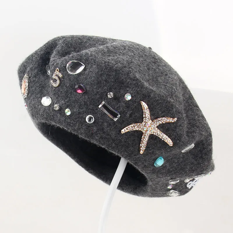 2019 Chic Woolen Hat Lady Winter Beautiful Starfish Rhinestone Knitted Caps Women Fashion Pure Wool Beret Hats |