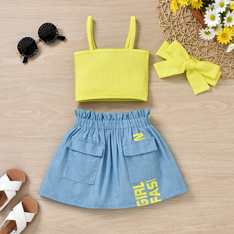 FOCUSNORM 3pcs Lovely Baby Girls Clothes Sets 0-3Y Strap Sleeveless Solid Vest Tops+Letter Ruffles A-Line Skirts Headband newborn baby clothing set