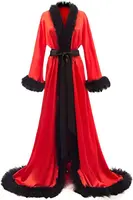 Women's Satin Robe Fur Nightgown Bathrobe Sleepwear Feather Bridal Robe with Belt - Image 2