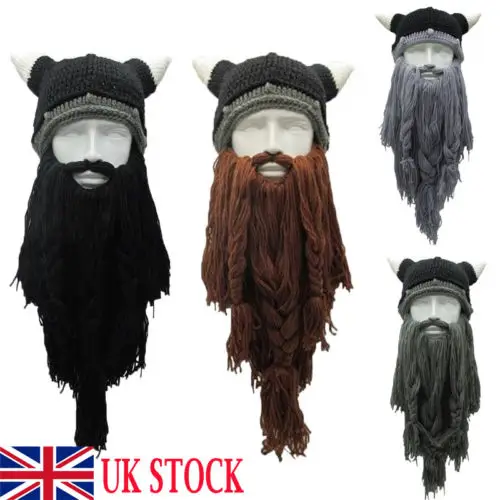 

2019 Hirigin Brand Knit Viking Beard Horn Hat Crazy Ski Cap Barbarian Beanie Halloween UK