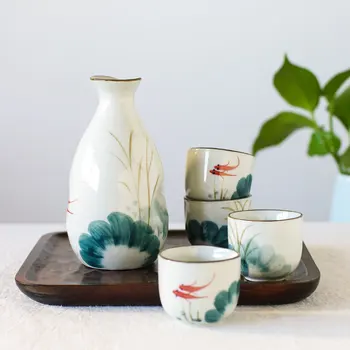 

Goldfish playing with water wine set Japanese ceramics sake one pot four cups wine glass household wineware gift box