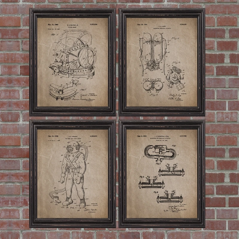 Водолазный костюм Винтаж Плакаты принт Diver подарок Подводное Wall Art Холст Картина