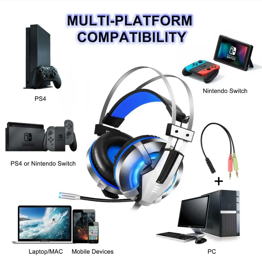 EKSA E800 Gaming Headset Gamer Over Ear Wired Headphones for Smartphone PS4 PC Xbox with Retractable Rotate Microphone LED Light