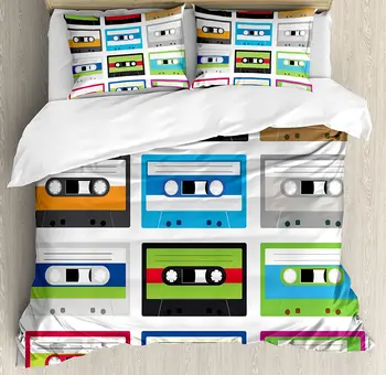 

90s Duvet Cover Set Collection of Retro Plastic Audio Cassettes Tapes Old Technology Entertainment Theme Bedding Set Green Blue