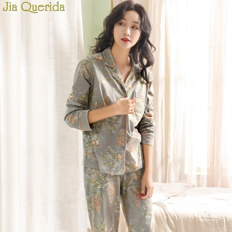 Skup Piżama dla kobiet 2020 nowy 100% czystej bawełny kobiety odzież domowa XXXL szary kwiatowy rozpinany sweter Top + długie dna 2 sztuk kobiet piżamy
