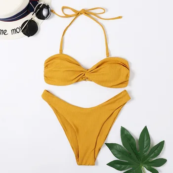 

Women Ribbed High Cut Bandeau Bikini Set Swimwear Women Swimsuit Strapless Bikini Padded Bathing Suit Brazilian Biquni Bikinis