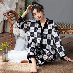 Women's Pajamas Set V Neck Design Luxury Cross Letter Print Sleepwear Silk Like Home Clothes XXL Large Size Nightwear