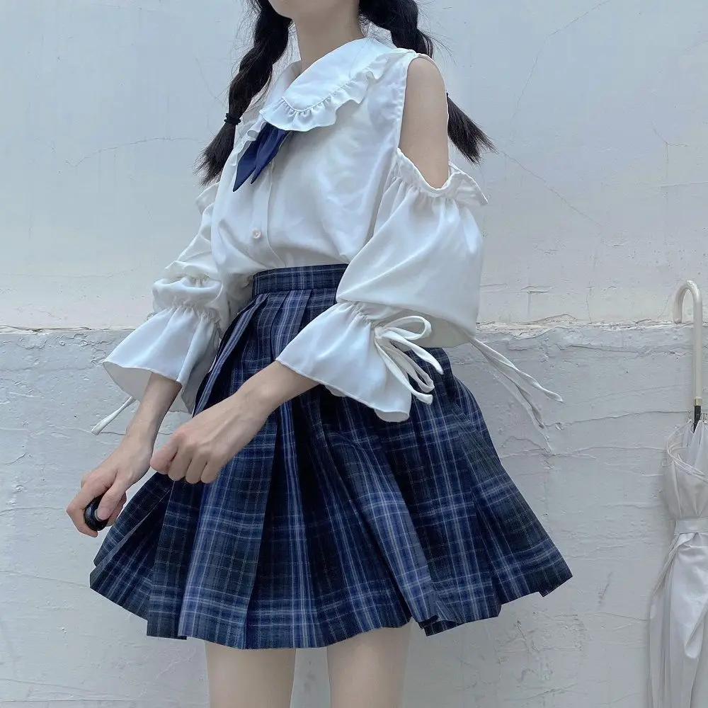 2021 New Japanese Chiffon Shirts Women Lolita Doll Collar Long-Sleeved White Shirt Female Off-shoulder Tops