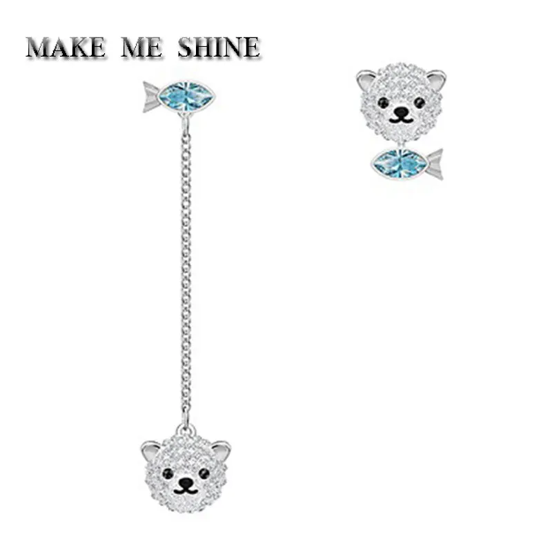 High Quality SWA Vivid Earrings Ear Line Polar Bear Cute Blue Fish Wild Multi-wear Studs Girls Birthday Gift | Украшения и