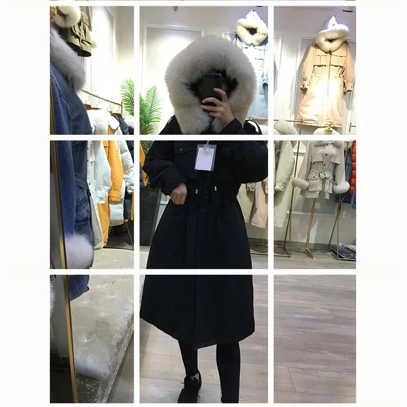Новинка, Женское пальто выше колена, с толстым поясом, с большим меховым воротником, с капюшоном, на белом утином пуху - Цвет: black