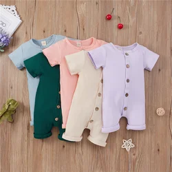 Barboteuse tricotée pour nouveau né fille et garçon, vêtements pour bébé, côtelé, boutons solides, manches courtes, combinaison, salopette, été 