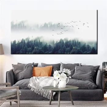 

Foggy Forest Canvas Poster Landscape Art Print Long Banner Painting Nordic Art Decoration Nature Wall Picture for Living Room