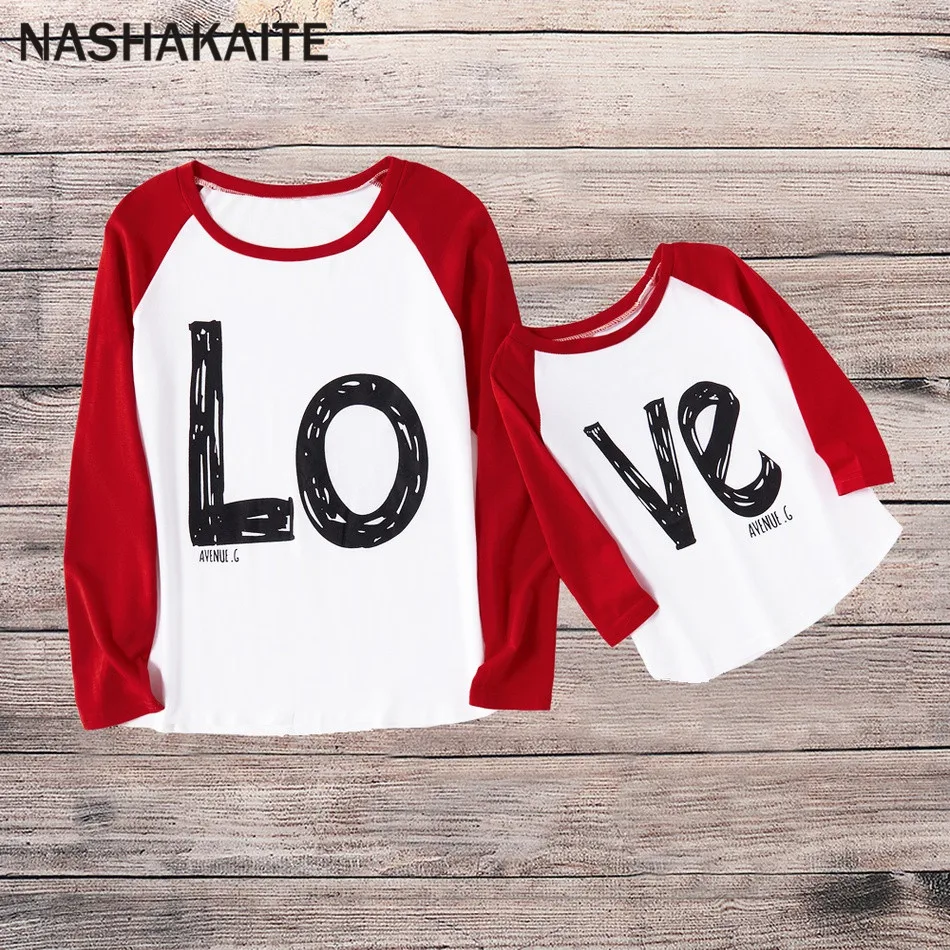 

NASHAKAITE mother daughter son clothes Long Sleeve Color block Letter Printed "LOVE" Tops mommy and me clothes Family tshirt