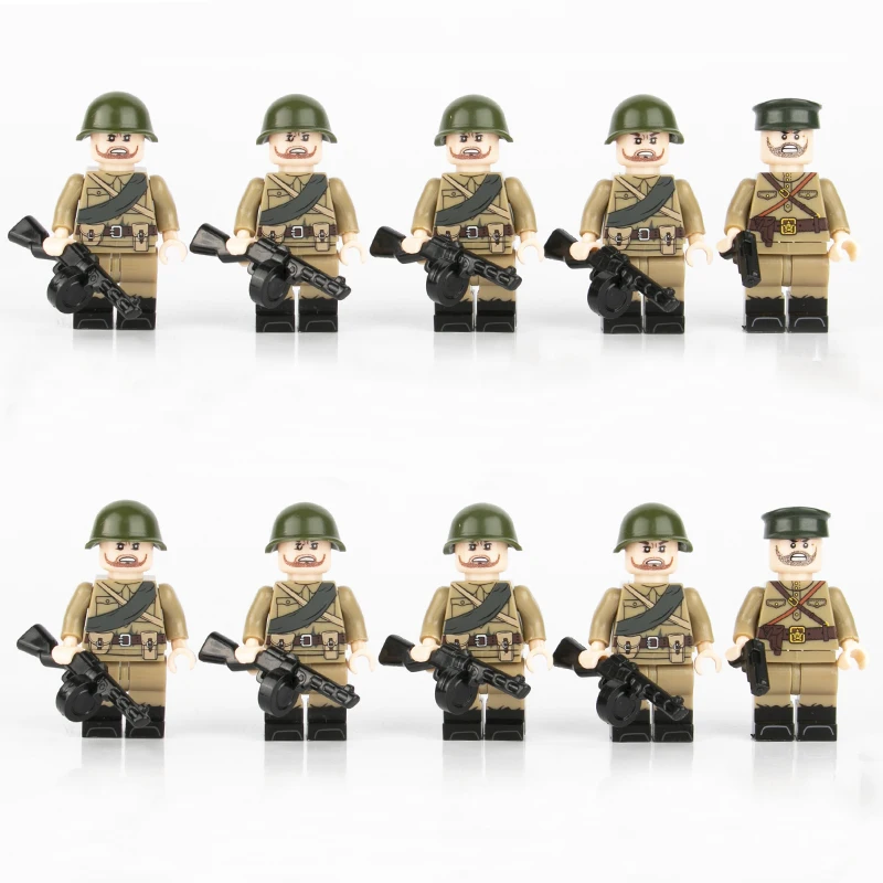 Строительные блоки для советских солдат WW2, детали для военной армии, оружие из ППШ, фигурки советских командоров, офицерах, кирпичи, подарок для детей D148 - Цвет: A-Style-10pcs