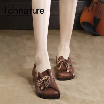 

Johnature Flats Women Shoes Genuine Leather Round Toe 2020 New Spring Slip-on Casual Handmade Sewing Cross-tied Ladies Shoes