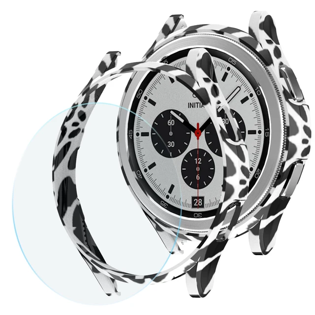 Glass+Case for Samsung Galaxy Watch 4 Classic 42mm 46mm,PC Matte Cover All-Around Protective Bumper Shell for Galaxy Watch4 Leopard 1 One Glass