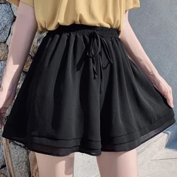 Shorts feminino chiffon de verão, saia solta com dupla camada, cintura alta e perna larga, casual, 2021