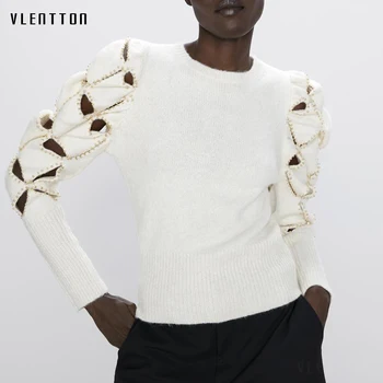 

2020 Spring Autumn sexy Hollow Out Knitted Pullovers Sweater Women Chic Beading Short Solid Sweaters Casual Tops Female Jumper