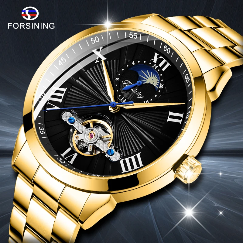 

Forsining Automatic Self-Wind Male Watch Golden Dial Stainless Steel Casual Moonphase Gold Mechanical Tourbillon Men Clock Reloj