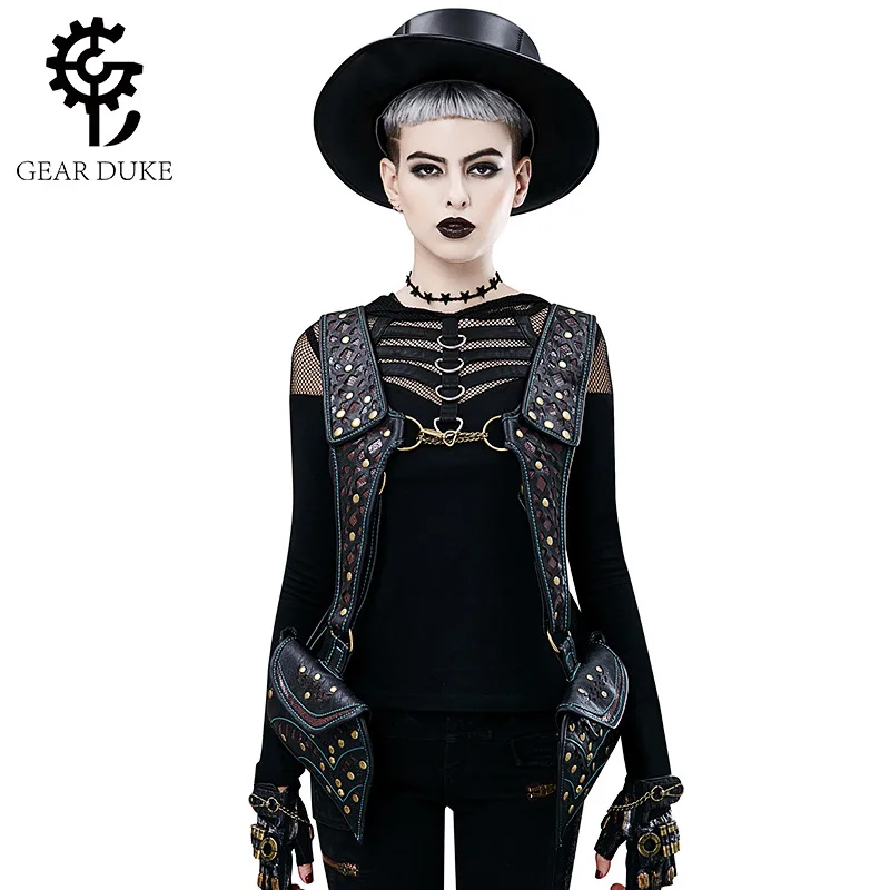 

Steampunk Rucksack Women Leather Holster Bag Goth Back Pack Belt Bag Motorcycle Riding Waist Packs Small Phone Pouch