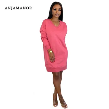 

ANJAMANOR Deep V Neck Long Sleeve Sweater Dress Autumn Winter 2019 Loose Casual Clothes for Women Dresses Vestidos D35-AE61