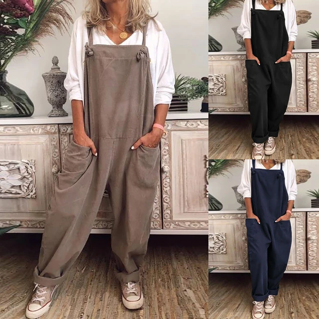 Woman Clearance In Clothes,POROPL Plus Size Overalls Casual Loose Dungarees  Romper Baggy Playsuit Cotton Linen Jumpsuit Dress Pants for Women Trendy