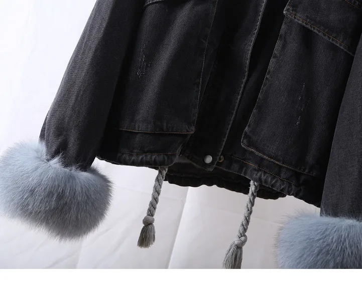 Зимнее пальто из джинсовой ткани с натуральным лисьим меховым воротником куртка с мехом кролика рекс Новая Модная парка толстый помпон из натурального меха пальто