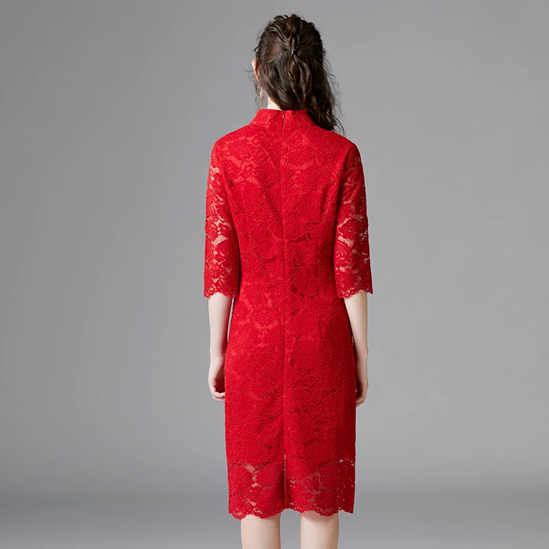 Китайский стиль фестиваль красное кружево cheongsam для женщин vestidos до колена Половина рукава 5XL бант натуральная Талия осеннее платье 14330